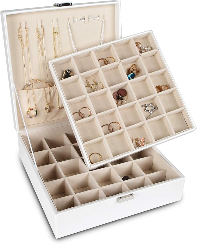 Frebeauty Earring Organizer Classic Jewelry Box 50 Slots Double Layer Jewelry Storage Case with 6 Necklace Hook and Bracelet Pocket(Pearl White) by Frebeauty
