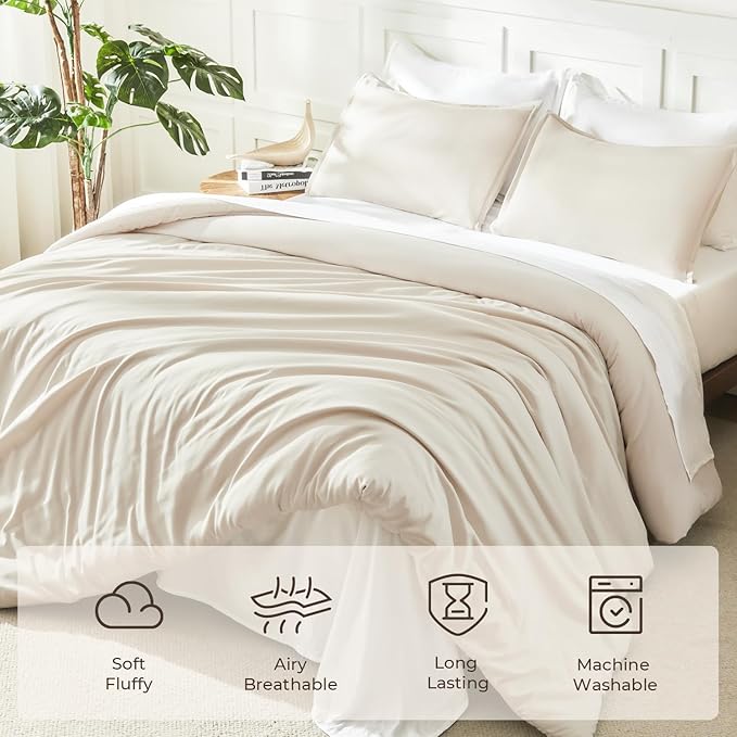 Litanika Beige Comforter Set California King Size, 3 Pieces Cal King Lightweight Solid Bedding Comforter Set, Oversized All Season Fluffy Bed Set (104x96In Comforter & 2 Pillowcases)