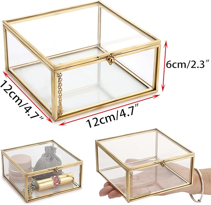 Hipiwe Vintage Glass Jewelry Organizer Box - Golden Metal Keepsake Box Desktop Jewelry Organizer Holder, Wedding Birthday Gift, Square Vanity Decorative Box for Dresser,Bathroom - Image 7