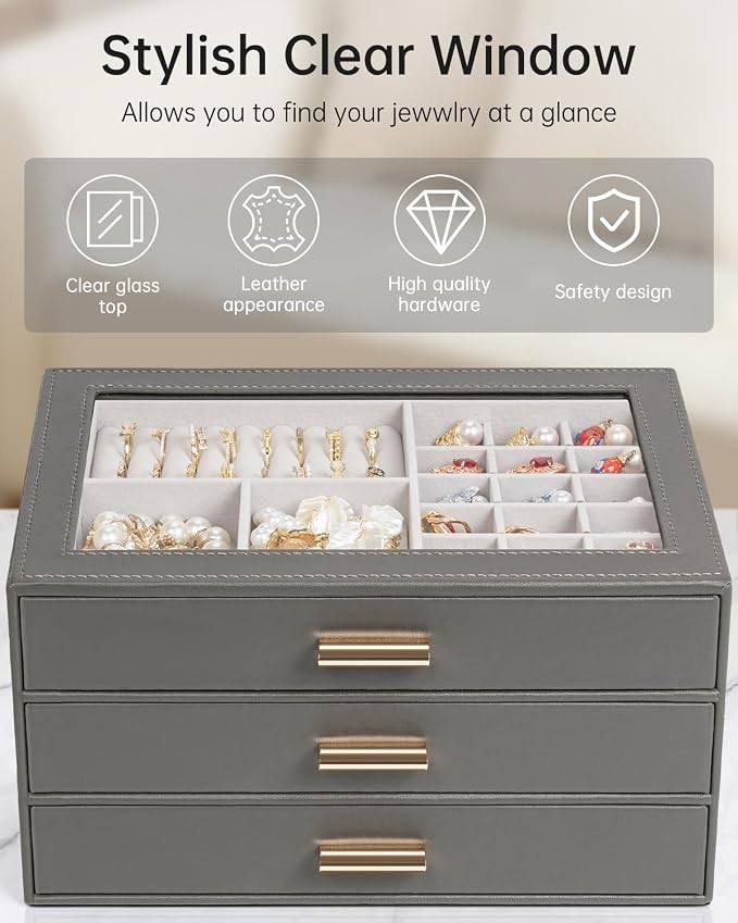 AKOZLIN Jewelry Box with Clear Lid Functional Leather Jewelry Storage Organizer Case 3 Drawers for Women Girls Necklace Ring Bracelet Earring - Image 6