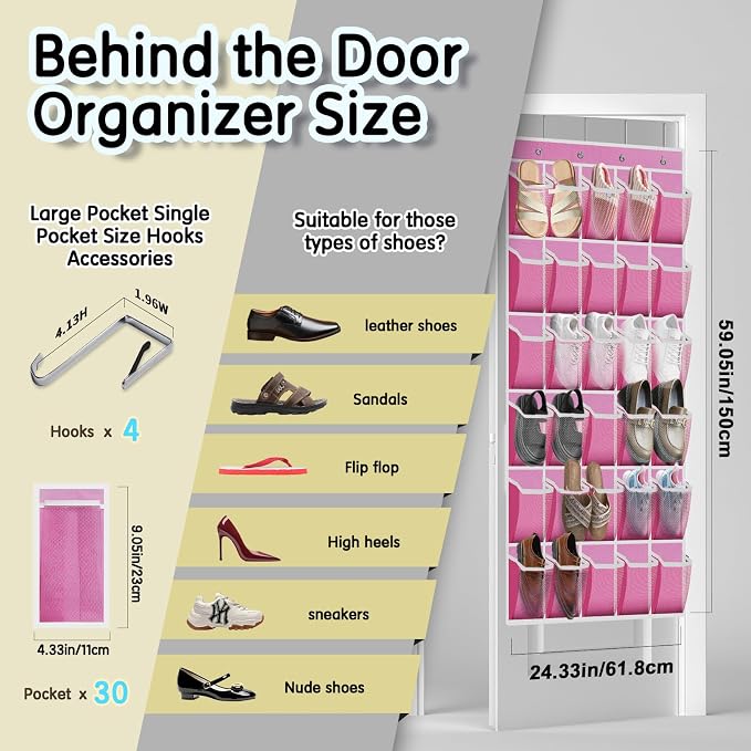 Kotkn Over the Door Shoe Organizer with 30 Breathable Mesh Pockets - Large Capacity Closet Storage for Men & Women, Hanging Shoe Rack Organizer (Pink) - Image 3