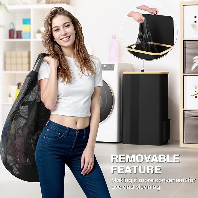 BlissTotes Laundry Basket with Lid, 100L Clothes Laundry Hamper with Handles and Removable Laundry Bag, Breathable Design Hamper with Lid for Bedroom, Bathroom, Dorm, Laundry Room - Black - Image 2