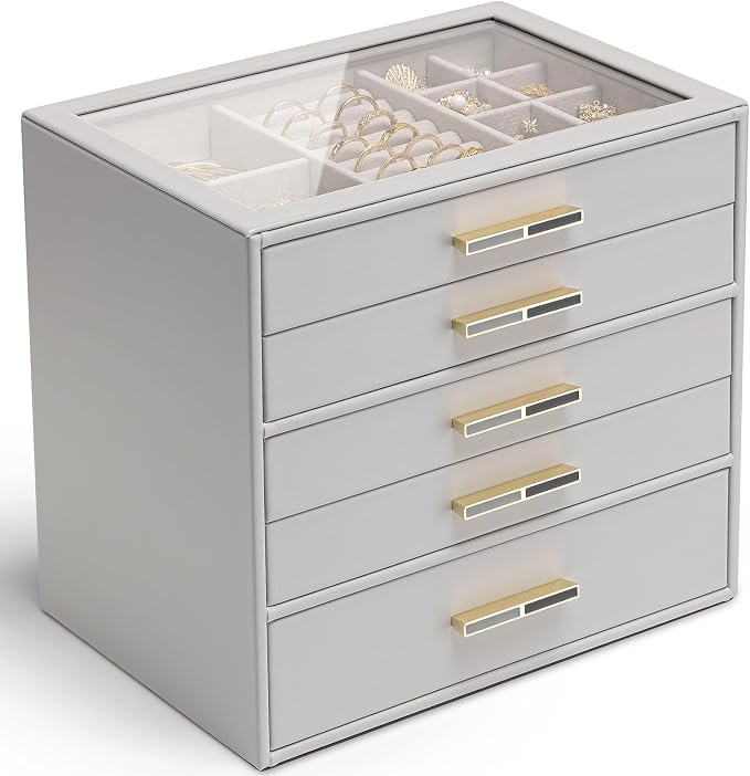 VLANDO 5 Layer Jewelry Box for Women, Glass Lid Jewelry Organizer with 5 Drawers for Necklaces Rings Earrings Bracelets - Grey by VLANDO