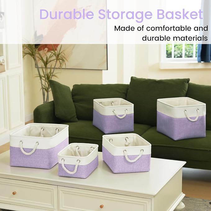 Storage Baskets for Shelves 11.8x7.9x5.2 Inch, Foldable Fabric Storage Bins with Handles, Small Storage Baskets for Organizing Closet, Office, Home Organization (1-Pack, White&Purple) - Image 7
