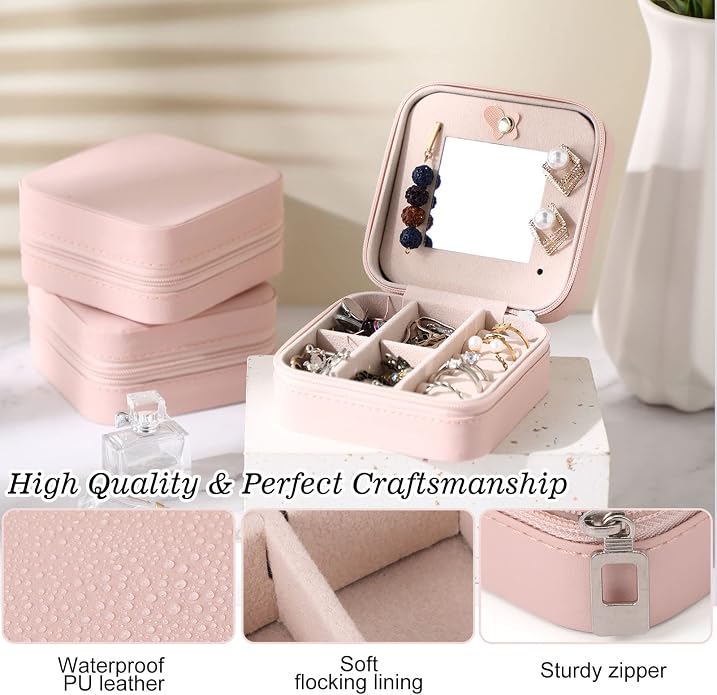 Hillban Bridesmaid Gifts Jewelry Box with Mirror, PU Leather Small Travel Jewelry Case Organizer Storage for Women Girls - Image 3