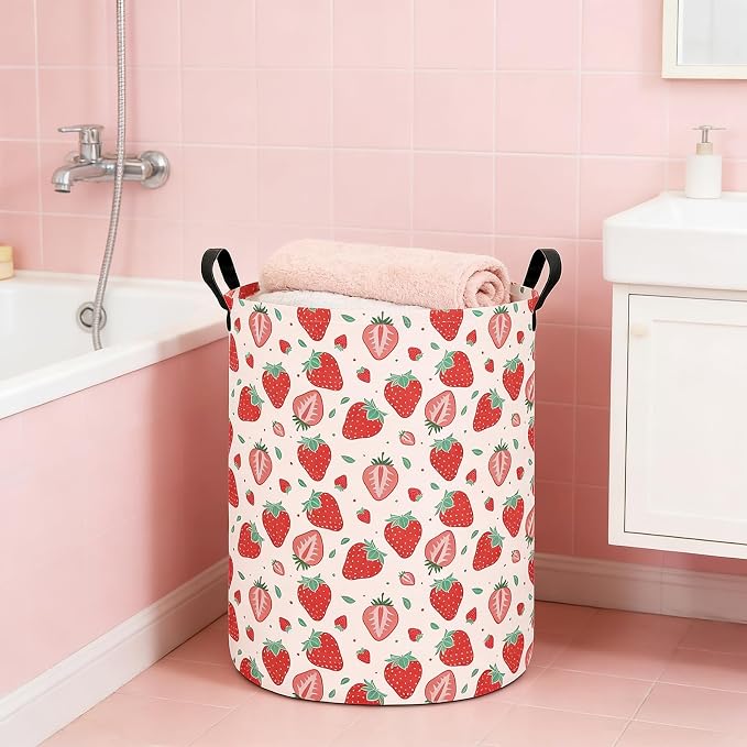 Laundry Hamper Large Canvas Fabric Lightweight Storage Basket/Toy Organizer/Dirty Clothes Collapsible Waterproof for College Dorms, Boys and Girls Bedroom,Bathroom(strawberry) - Image 4