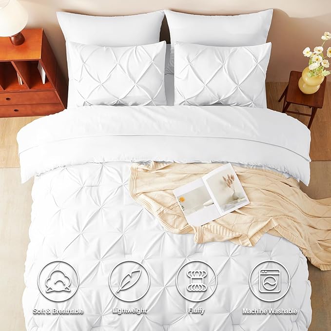 CozyLux Twin Comforter Set with Sheets White, 5 Pieces Pintuck Bed in A Bag, Twin Bed Set Gift for Family, Pinch Pleat Bedding Set with Comforter, Sheets, Pillowcase & Sham