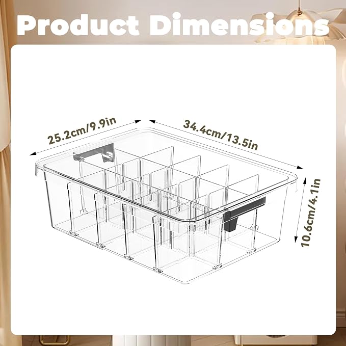 Socks Bra Underwear Drawer Organizer for Closet, 2 PCS Plastic Storage Box with 15 Removable Compartments and Lid, Clear Dresser Drawer Organizer Storage Container with Dividers for Sock Ties Belts - Image 2