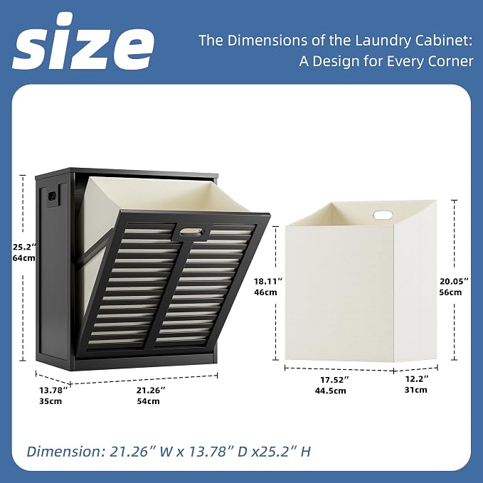 HITNET Tilt Out Laundry Hamper, Bamboo Laundry Cabinet with Pull Out Removable Bag, 20 Gal Clothes Basket with Metal Handle for Bathroom Kitchen, Black - Image 3