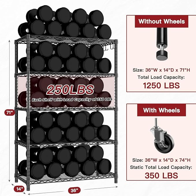 PrimeZone 74''H Wire Shelving 1250lbs 5 Tier Storage Shelves with Wheels NSF Certified Heavy Duty Steel Metal Shelf Adjustable Rolling Rack Kitchen Garage Closet Pantry 4pcs 74''HX36''WX14''D 4pcs - Image 3