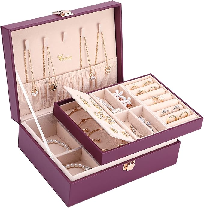 Voova Jewelry Box Organizer for Women Girls, 2 Layer Large Men Jewelry Storage Case, PU Leather Display Jewellery Holder with Removable Tray for Necklace Earrings Rings Bracelets, Vintage Gift, Purple by Voova
