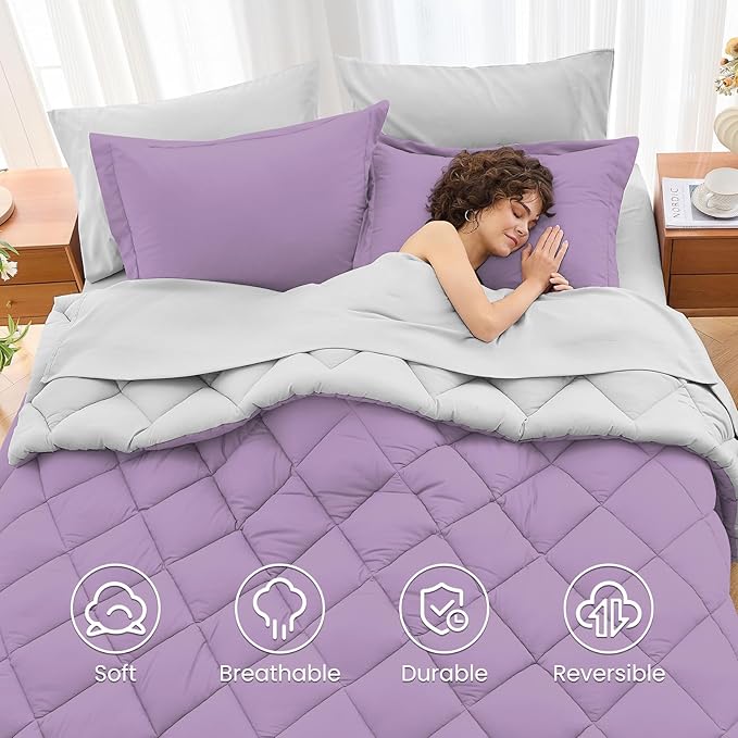 MUXHOMO 7 Pieces California King Comforter Set, Reversible Bed in a Bag Cal King Size, All Season Bedding Set with Comforter, Flat Sheet, Fitted Sheet, Pillowcases & Shams, Greyish Purple & Light Grey
