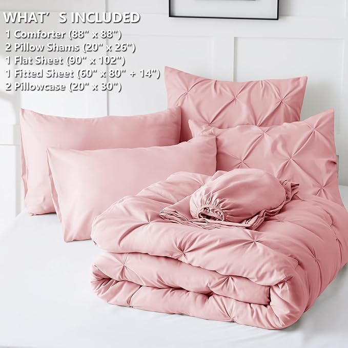 CozyLux Queen Comforter Set Pink, 7 Pieces Pintuck Bed in A Bag, Premium Pink Comforter Queen Size, Pinch Pleat Bedding Sets with Comforter, Sheets, Pillowcases & Shams
