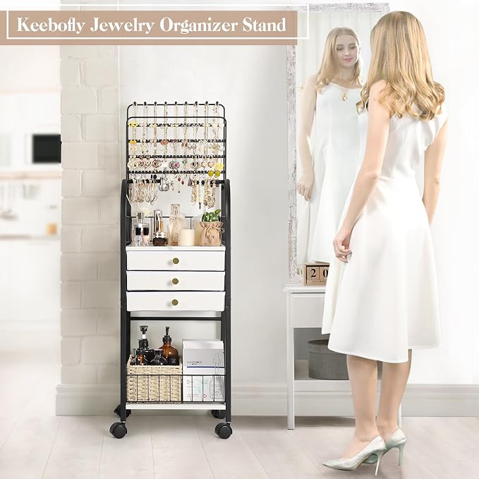 Keebofly Large Jewelry Organizer Stand with 3 Drawers, Floor Display Holder with Necklace, Earring, Bracelet, Ring Storage — Rolling Armoire Tower for Bedroom or Closet (Black) - Image 2