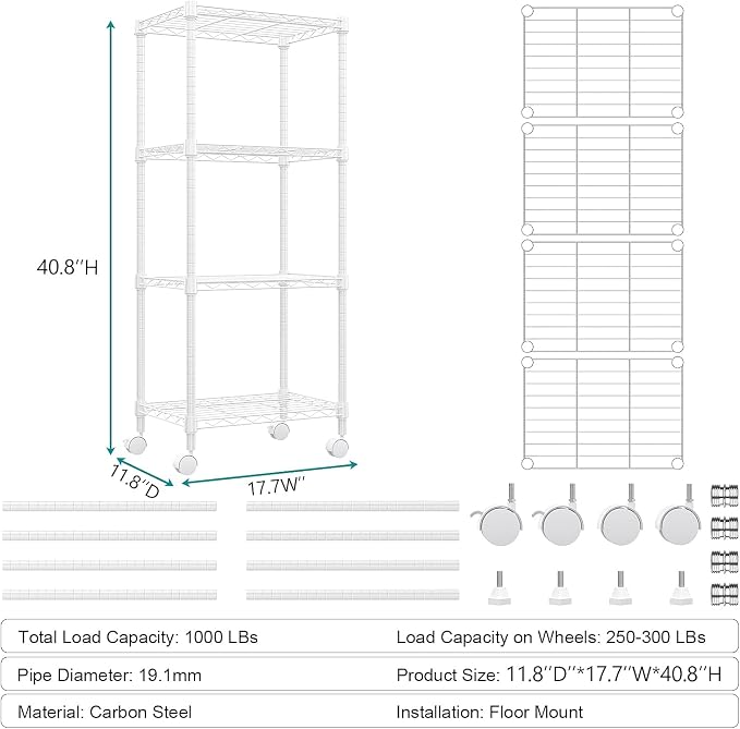 M MZG 1000 lbs 4-Shelf Adjustable Heavy Duty Steel Wire Rack, Adjustable Storage Shelving Unit with Wheel for Kitchen, Garage, Laundry White 11.8" D x 17.7" W x 40.8" H - Image 3