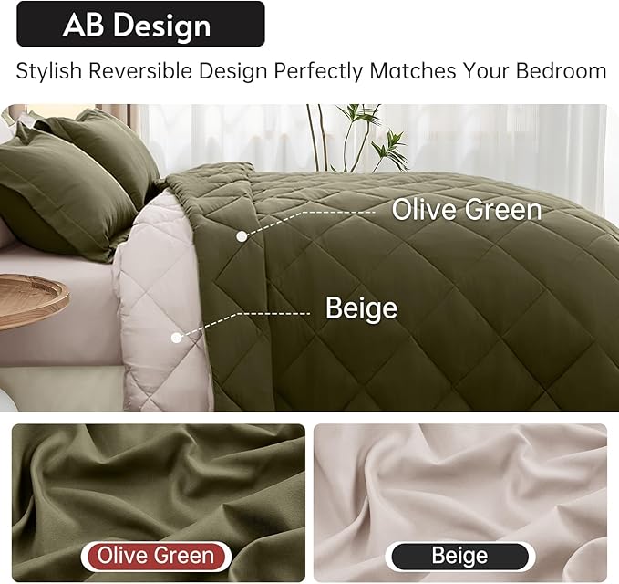MUXHOMO 7 Pieces California King Comforter Set, Reversible Bed in a Bag Cal King Size, All Season Bedding Set with Comforter, Flat Sheet, Fitted Sheet, Pillowcases & Shams, Olive Green & Beige