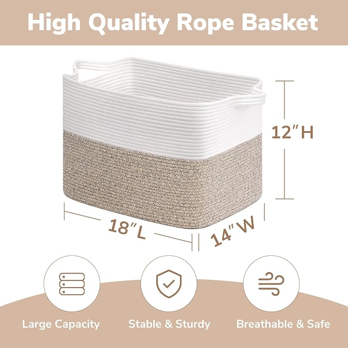 Goodpick Woven Baskets for Organizing, 18" x 14" x 12" Blanket Storage for Living Room Home Decor, Rectangle Toy Storage Basket for Kids, Large Gift Baskets Empty, White & Brown - Image 3
