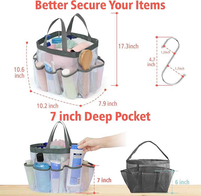 F-color Mesh Shower Caddy Portable, Upgrade Deeper 7 Pockets Shower Bag Basket Tote for College Dorm Room Toiletry Bathroom Essentials Gym Camp Quick Dry 2 handles with S Hook, White - Image 4