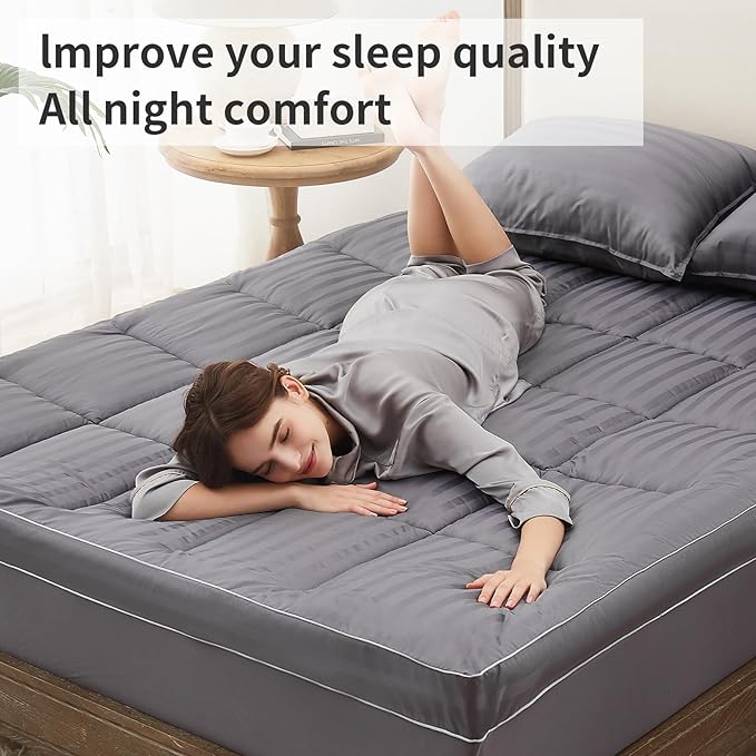 TopTopper Mattress Topper Queen, Extra Thick Cooling Mattress Pad Cover for Back Pain, Breathable Mattress with 8-21" Deep Pocket, 5D Snow Down Alternative Overfilled Plush Pillow 60"x80" Dark Grey