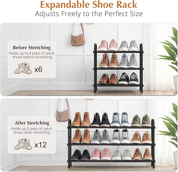 INSMART 3-Tier Expandable Shoe Rack, Stackable and Adjustable Shoes Organizer Storage Shelf, Sturdy and Durable Metal Structure Free Standing Shoe Rack for Closet Entryway Doorway - Image 2