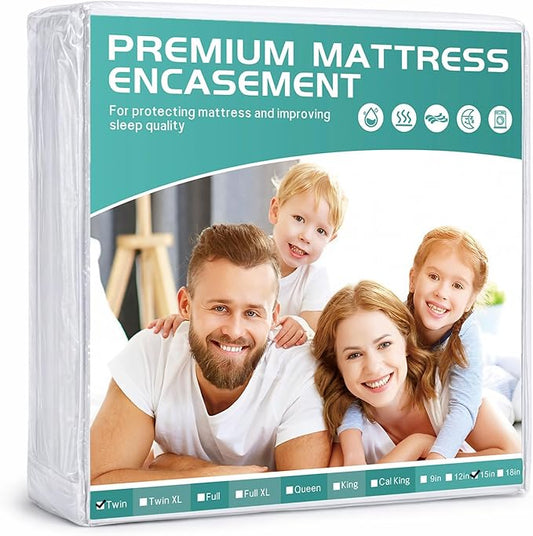 Twin Waterproof Mattress Protector with Soft Terry Top Fabric, Fits 12-15" Deep Pockets, Zippered Six-Sided Breathable Mattress Encasement Cover