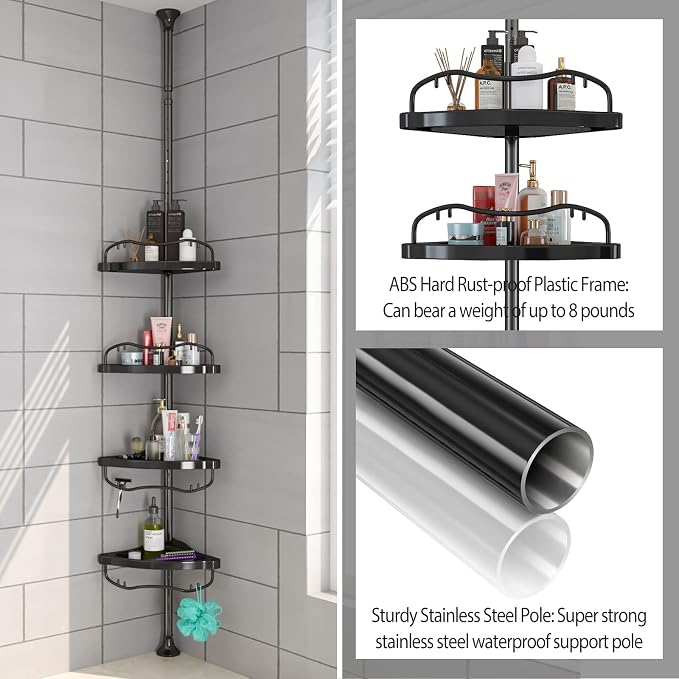 Shower Caddy,Shower Caddy Tension Pole with 4 ABS Baskets,Shower Storage Shelf with 56 to 125 Inch Adjustable Stainless Pole for Bathroom Black - Image 4