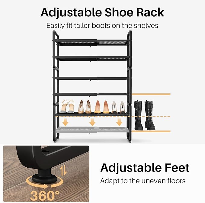 SNTD Shoe Rack - Expandable Shoe Organizer for Closet, Adjustable Metal Shoe Shelf Storage, Stackable Long Shoe Stand Holder for Garage, Entryway, Door Entrance (Black, 6-Tier) - Image 7