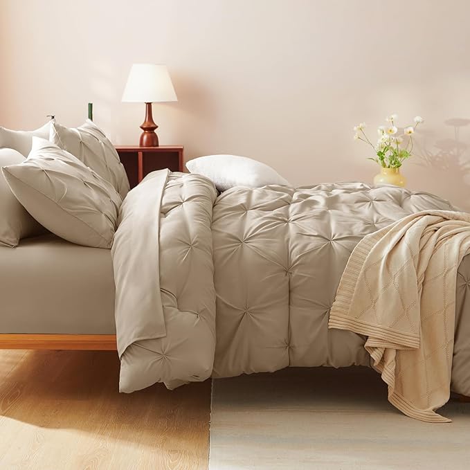 CozyLux Full Size Comforter Sets Taupe, 7 Pieces Pintuck Bed in A Bag Taupe Comforter Full Size, Pinch Pleat Bedding Sets with All Season Comforter, Sheets, Pillowcases & Shams