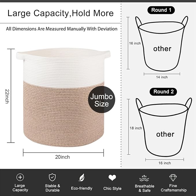 OIAHOMY 80L Laundry Hamper, Storage Basket with Handles, Laundry Basket For Toys, Pillows, Blankets,Clothes-20x18in-Brown&White - Image 4