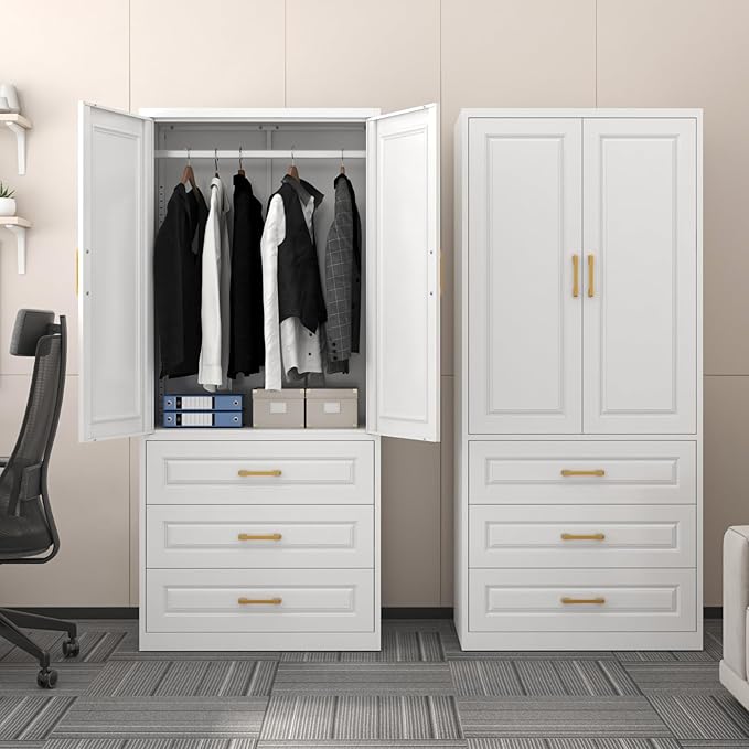 SteeLoong 71" Metal Armoire Wardrobe Closet with 3 Drawer，Tall Clothing Storage Cabinet with Adjustable Shelves and Hanging Rod,White Wardrobe Closet for Bedroom,Home,Office,Gym