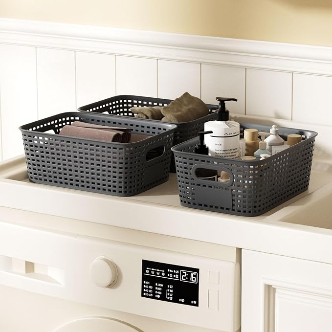6Pcs Storage Bins with Lids, Stackable Plastic Storage Basket with Bamboo Lid, Pantry Organizer Box Small Containers for Organizing Shelves Drawer Desktop Closet Cabinet Office Classroom 10x7.1x4.1in - Image 4