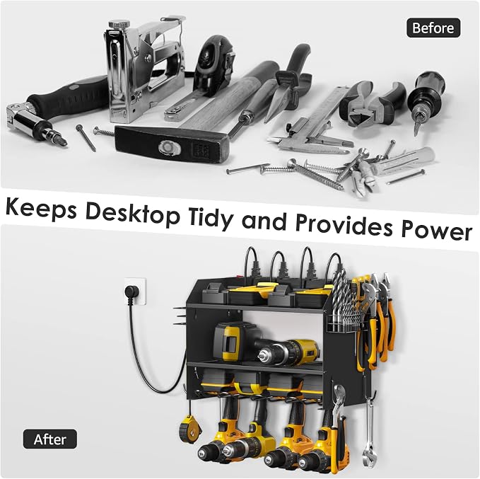 CCCEI Modular Power Tool Organizer Wall Mount with Charging Station. Garage Drill Storage Shelf with Hooks, Heavy Duty Rack, Tool Battery Holder Built in 8 Outlet. Gift for Men. Black, 1 Pack. - Image 4