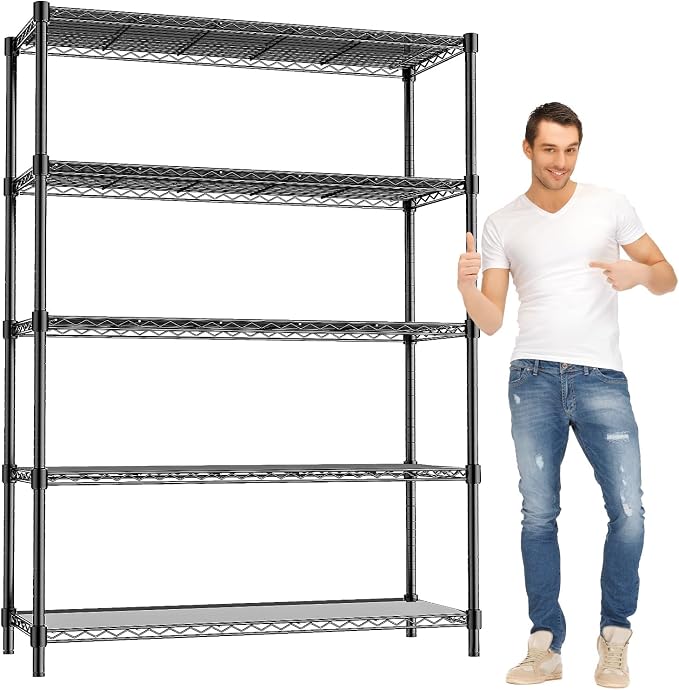 48" W Storage Shelves 1875LBS Metal Shelving, 5-Tier Adjustable Wire Shelving Unit with Liners, Heavy Duty Garage Shelving Steel Rack for Commercial Pantry, 48" W x 18" D x 72" H, Black by RackBro