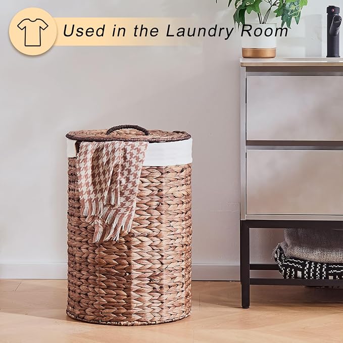 Round Water Hyacinth Laundry Hamper with Lid Handwoven Wicker Basket with Handles for Dirty Clothes, Storage, and Organization Ideal for Bedroom, Bathroom, and Laundry Room, No Assembly Required, 60L - Image 4