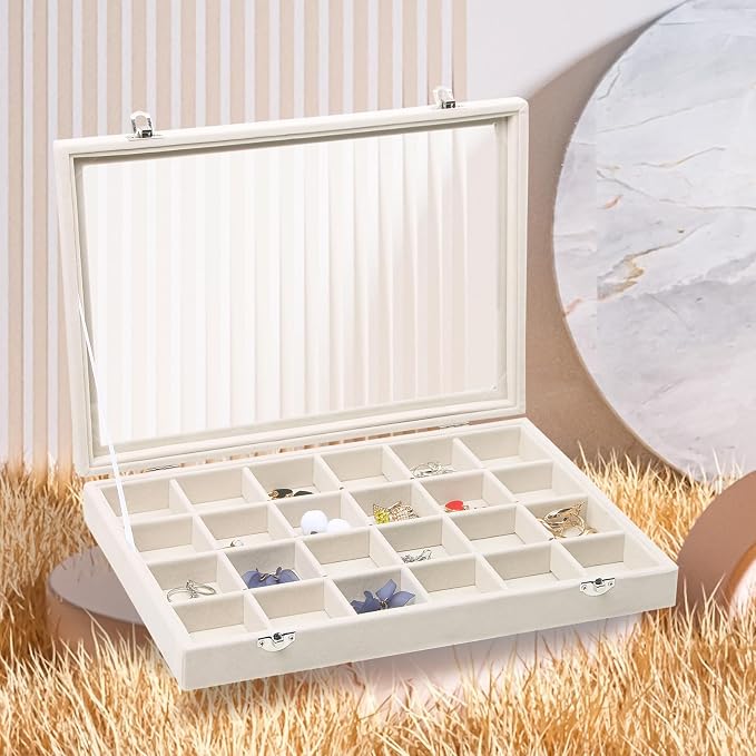 Stratalife Jewelry Organizer Jewelry Tray with See-through Lid 24 Grids Earring Display Showcase Large Velvet Storage Box for Earring Necklace Rings Dice Beige - Image 3