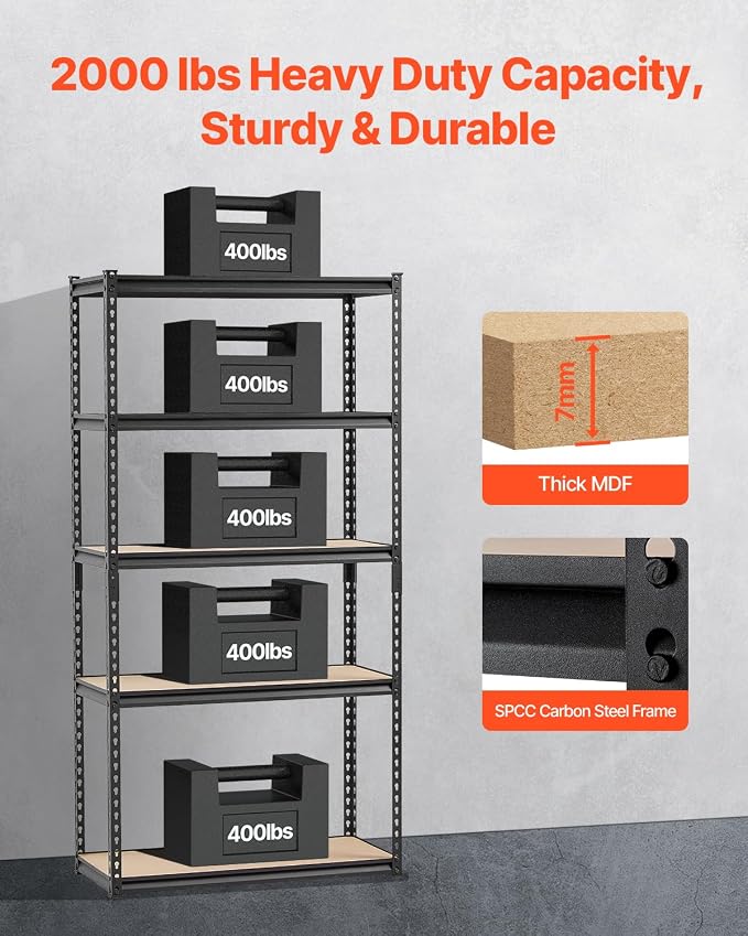 VEVOR Storage Shelves, 2000 lbs, 5 Tier Garage Storage Shelving, 16" D x 36" W x 71.4" H Adjustable Metal Shelves for Garage Shelves Utility Rack Shelf, Ideal for Kitchen, Warehouse, Basement, Black - Image 4