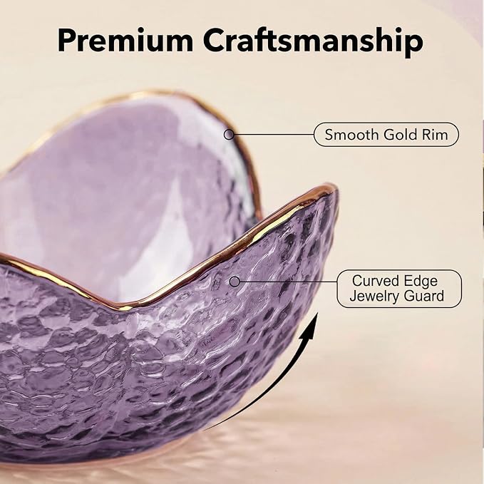 Purple Flower Jewelry Dish Glass Ring Holder Dish Jewelry Tray Cute Vanity Organizer Aesthetic Nightstand Bathroom Room Decor Trinket Dish Mothers Day Friendship Christmas Birthday Gifts for Women - Image 6