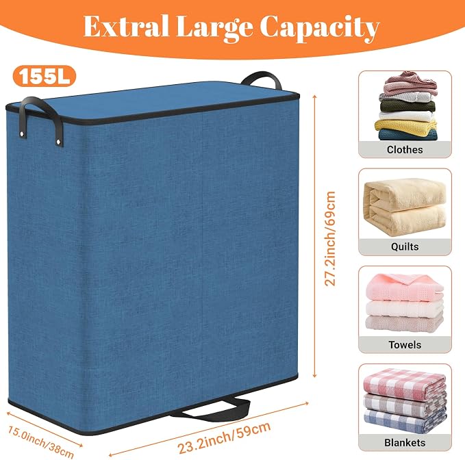 Large Double Laundry Hamper with Lid, Removable Bags & Reinforced Handles, 2 Section Tall Laundry Basket, Dirty Clothes Hampers for Laundry Room, Bedroom, Bathroom, Dorm, 155L, Blue - Image 2