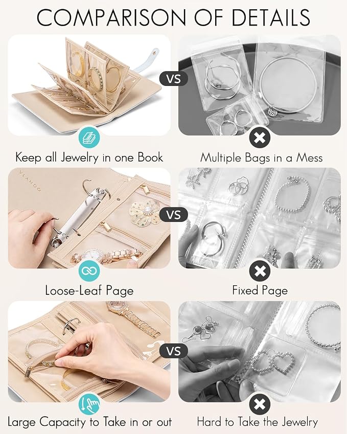 VLANDO Travel Jewelry Organizer Case, Foldable Jewelry Bags Jewelry Storage Book Ring Binder with Clear Zipper Velvet Pouch Bag for Travel Essentials,Rings,Necklace,Earrings,Bracelets-Blue - Image 5