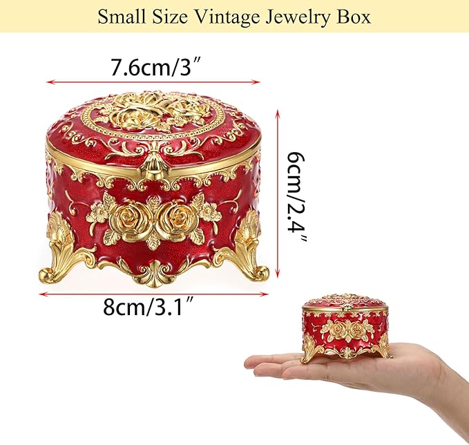 Hipiwe Vintage Metal Jewelry Box - Small Trinket Organizer Ring Box Case with Rose Pattern Jewelry Storage Box for Ring Earrings Necklace, Keepsake Box for Women,Red - Image 4