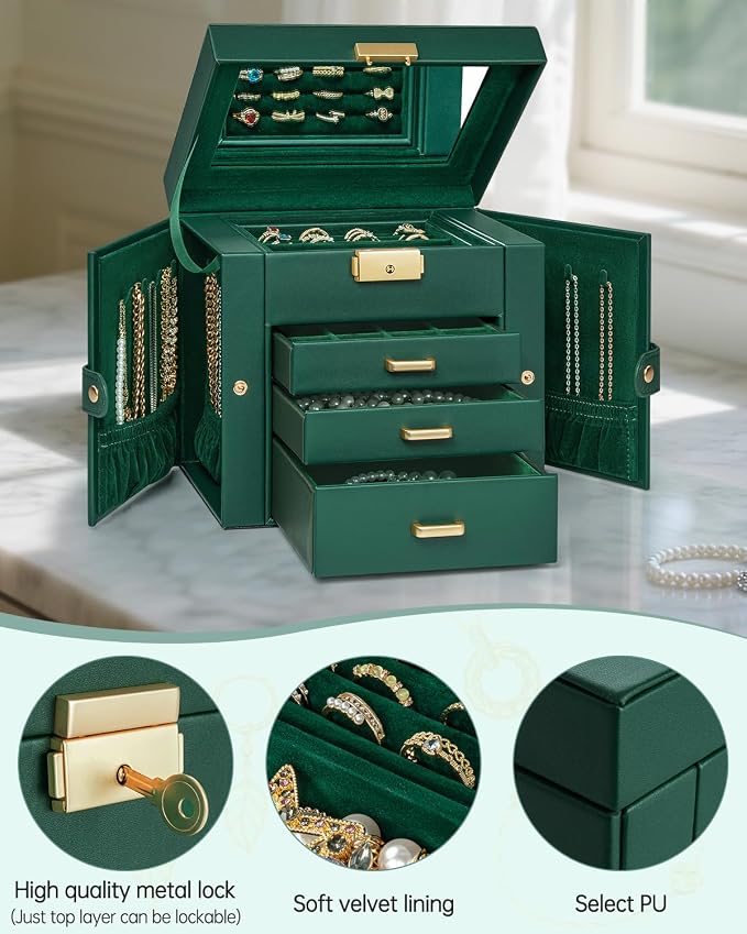AKOZLIN 4-Tier Jewelry Box Leather Jewelry Storage Organizer with 3 Drawers Lockable for Women Girls Ring Necklace Earring Bracelet Holder with Mirror Forest Green - Image 6