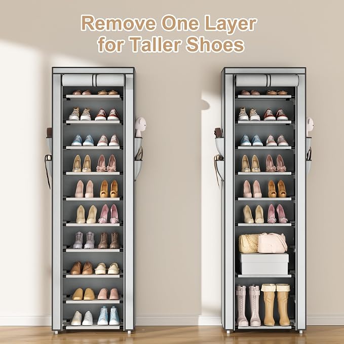 ROJASOP Shoe Rack with Covers 10 Tier Large Shoe Organizer Tall Shoe Closet Storage for 20-22 Pairs Shoe and Boot, Free Standing Shoe Rack Organizer for Closet, Entryway, Bedroom, Grey - Image 6