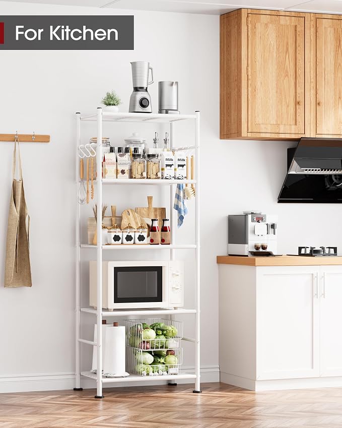 Sakugi Storage Shelves - 5-Tier Large Capacity Shelf Organizer with Hooks, Heavy-Duty Garage Shelving with Leveling Feet, Wobble-Free Rack for Bedroom, Balcony, Garage, 18.1"×12.4"×56.8", White - Image 2