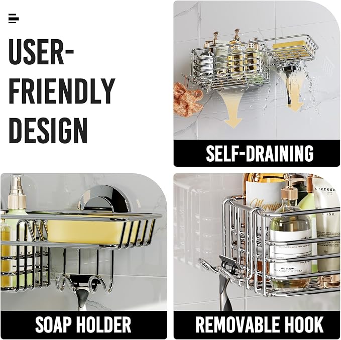 LEVERLOC Shower Caddy Suction Cup Shower Shelves Shower Holder，Silver - Image 5