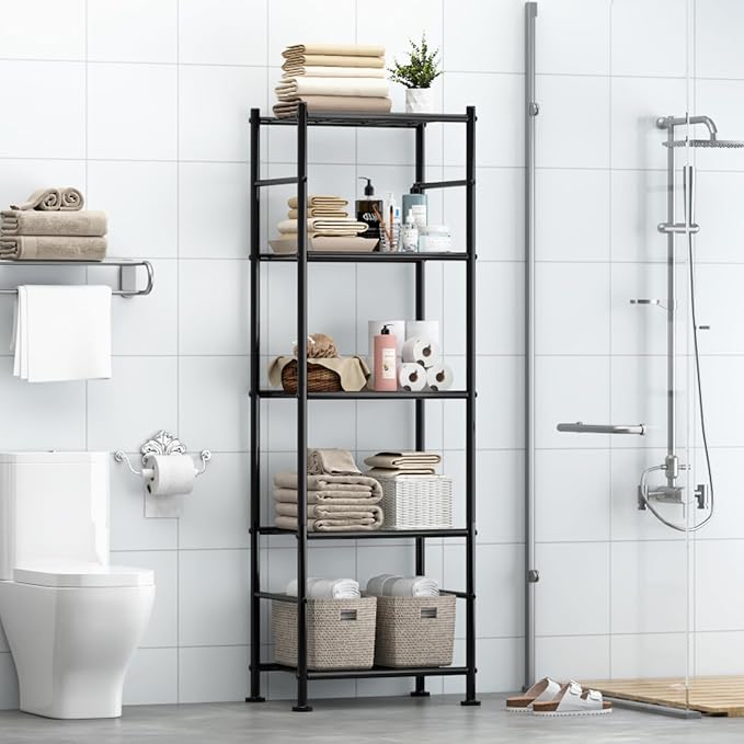 Sakugi Storage Shelves - Set of 2, 5-Tier Metal Shelf Organizer, Space-Saving Garage Shelving with Leveling Feet, Standing Shelves Organizer for Kitchen, Laundry, Pantry (18.4" x 12.6" x 57.4", Black) - Image 2