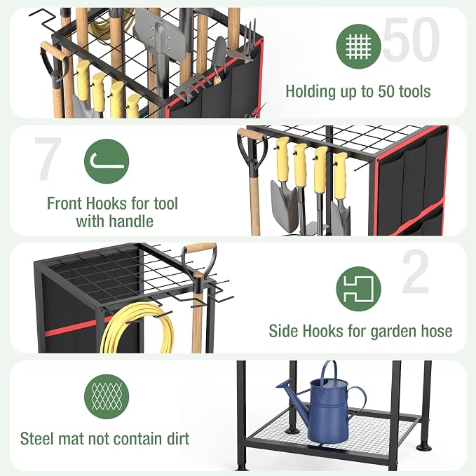 Garden Tool Organizer,Metal Yard Tool Organizer ,Holds 50 Long-Handled Tools/Rakes/Brooms,Side Garden Pocket ,Heavy Duty Steel Yard Tool Storage Rack for Garage,Shed, Outdoor - Image 3