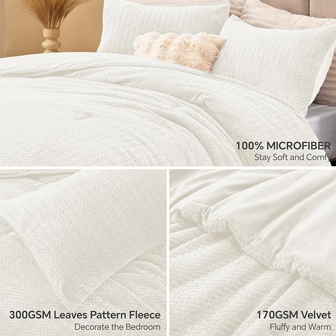 Flannel Fleece Full Comforter Set - Furry White Leaves Pattern Faux Fur Bed Set, Winter Ultra Soft Fuzzy Comfort Set, Velvet Bedding Set for Bed with 2 Pillow Cases