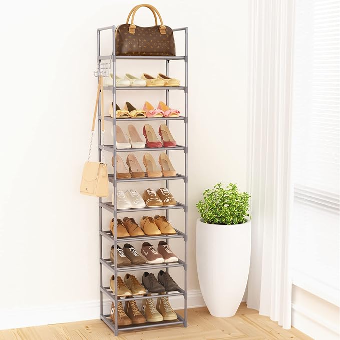 10 Tiers Tall Shoe Rack Narrow 20-24 Pairs Shoe Rack for Closet Entryway Vertical Metal Shoe Rack Organizer Shoe and Boots Organizer Storage Sturdy Shoe Shelf Shoe Stand Gray - Image 7