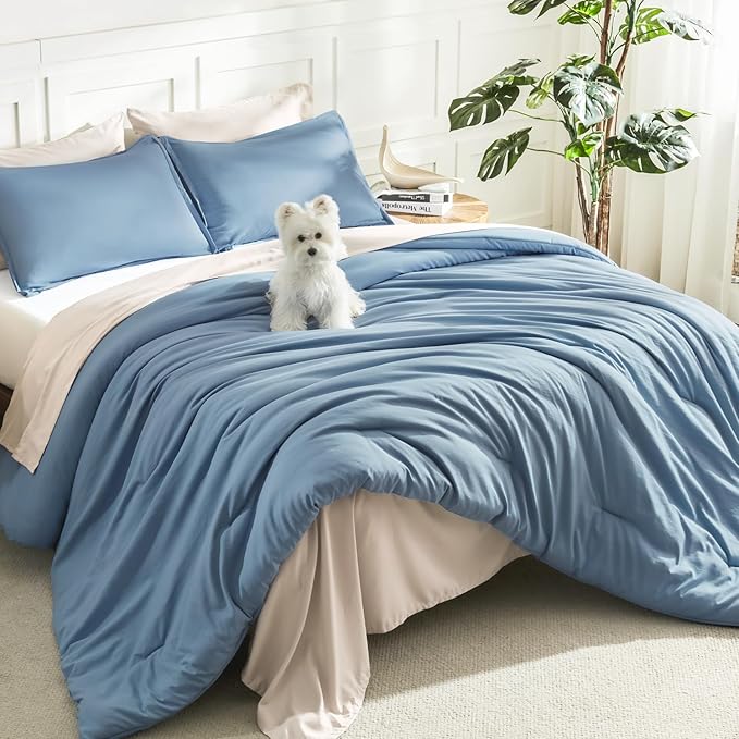 Litanika Comforters Grayish Blue Oversized Queen Size, 3 Pieces Lightweight Solid Bedding Comforter Set, All Season Fluffy Bed Set (98x98In Comforter & 2 Pillowcases)
