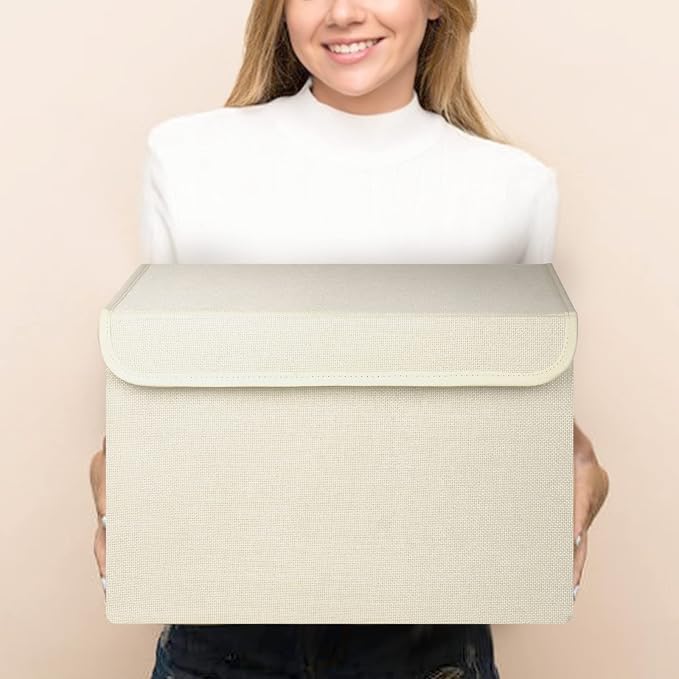 Bagnizer Large 22 Quart [4-Pack] Linen Fabric Foldable Storage Bin Cube Organizer Basket with Flip-Top Lid & Handles, Clothes Blanket Box for Home, Office, Closet (14.6 x 9.5 x 9.5, Beige) - Image 2